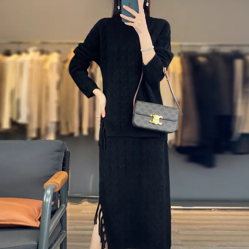Autumn Winter Pure Wool Sweater Women's Semi-High Collar Solid Color Knitted Collar Cashmere Tassel Skirt Fashion Two-Piece Suit Black