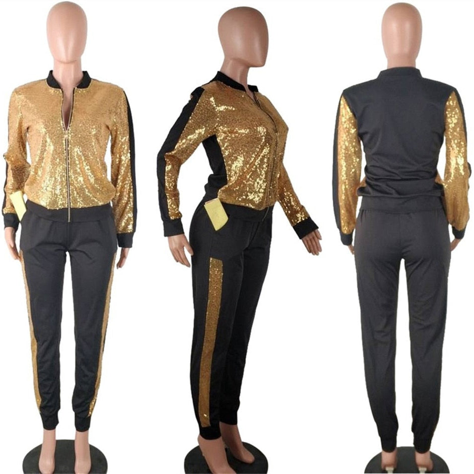 Autumn Winter Sequin 2 Piece Set Women Tracksuit Long Sleeve Jacket Top Pants Suit Streetwear Sparkly Matching Sets Club Outfits