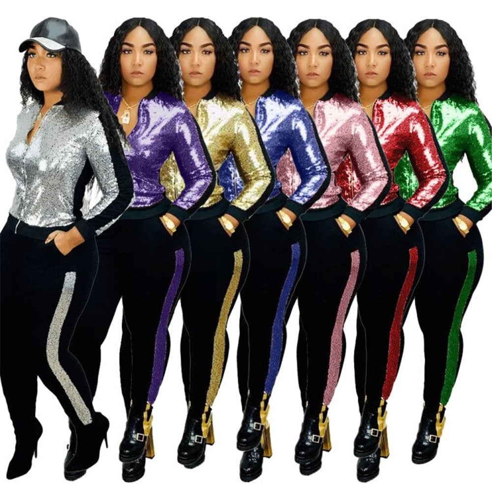 Autumn Winter Sequin 2 Piece Set Women Tracksuit Long Sleeve Jacket Top Pants Suit Streetwear Sparkly Matching Sets Club Outfits