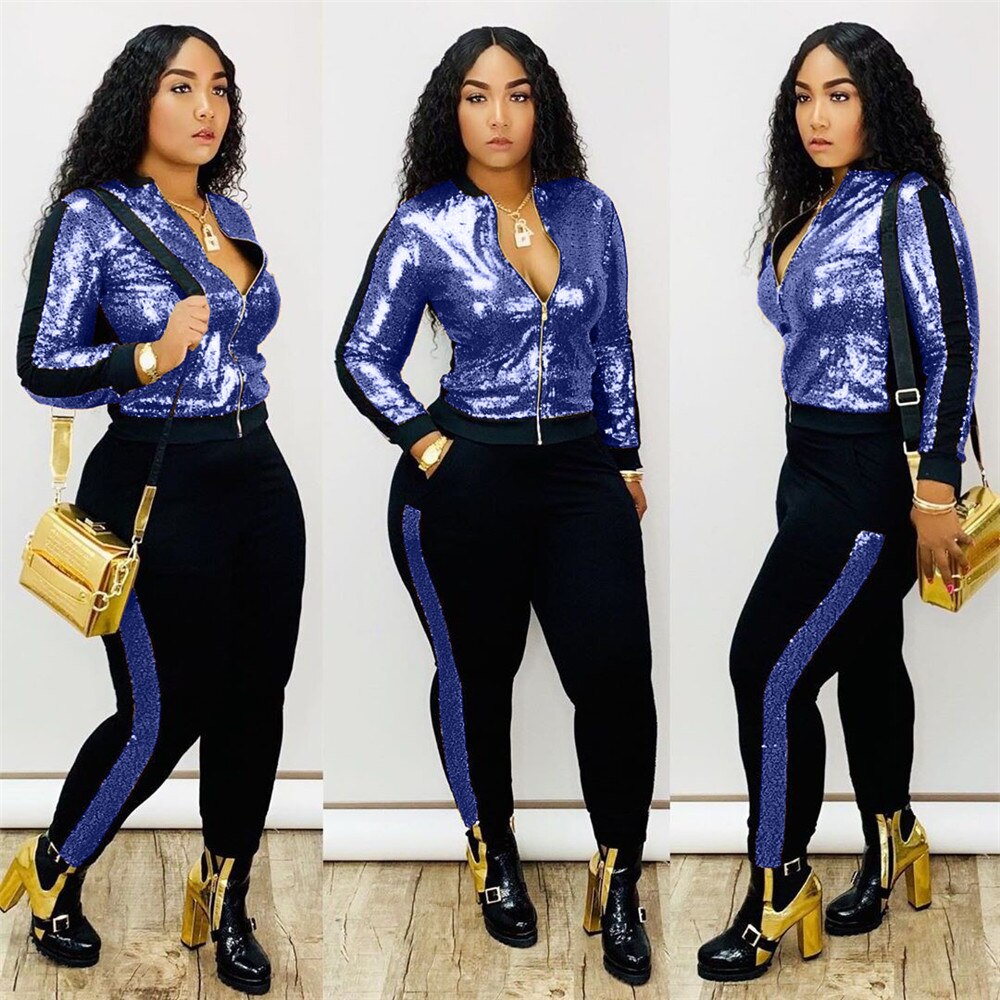 Autumn Winter Sequin 2 Piece Set Women Tracksuit Long Sleeve Jacket Top Pants Suit Streetwear Sparkly Matching Sets Club Outfits Blue