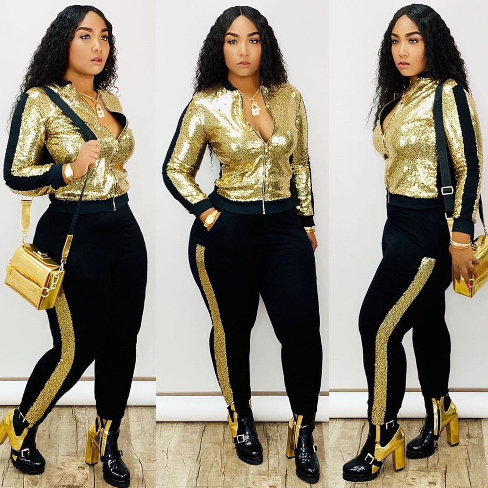 Autumn Winter Sequin 2 Piece Set Women Tracksuit Long Sleeve Jacket Top Pants Suit Streetwear Sparkly Matching Sets Club Outfits AMAIO