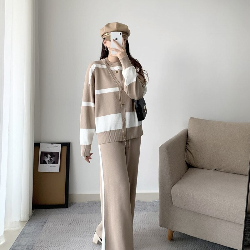 Autumn Winter Streetwear Three Piece Set Women Korean O-neck Sleeveless Vest+cardigan Coats+wide Leg Pants Stripes Knitted Sets khaki