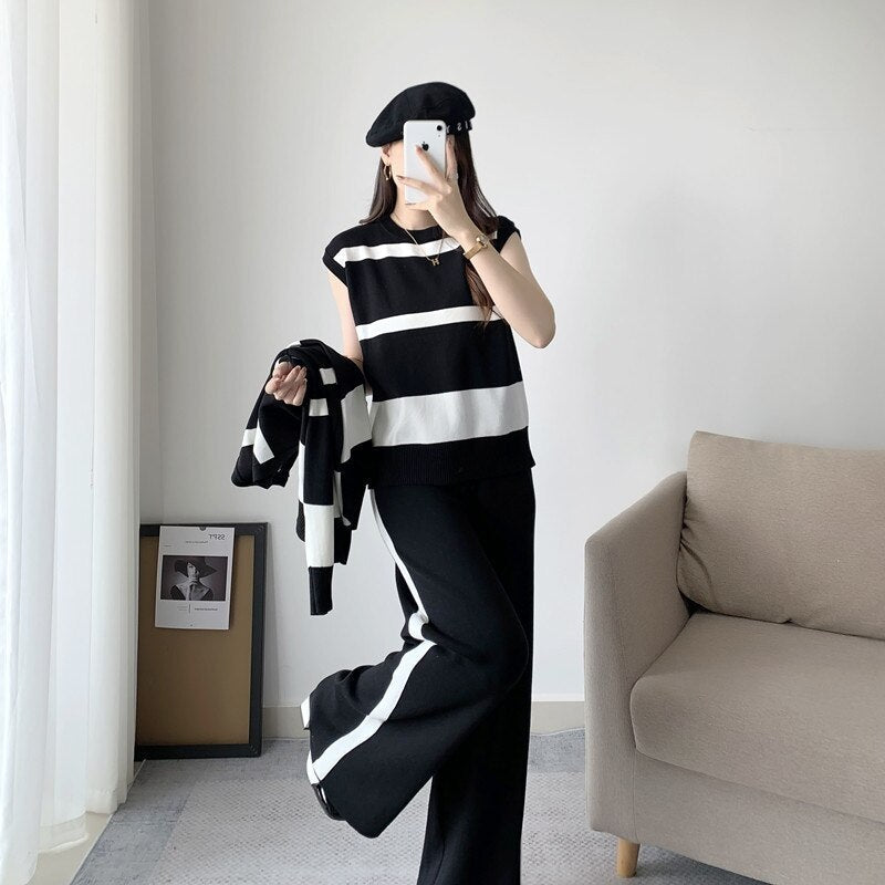 Autumn Winter Streetwear Three Piece Set Women Korean O-neck Sleeveless Vest+cardigan Coats+wide Leg Pants Stripes Knitted Sets black