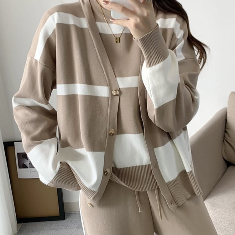 Autumn Winter Streetwear Three Piece Set Women Korean O-neck Sleeveless Vest+cardigan Coats+wide Leg Pants Stripes Knitted Sets AMAIO