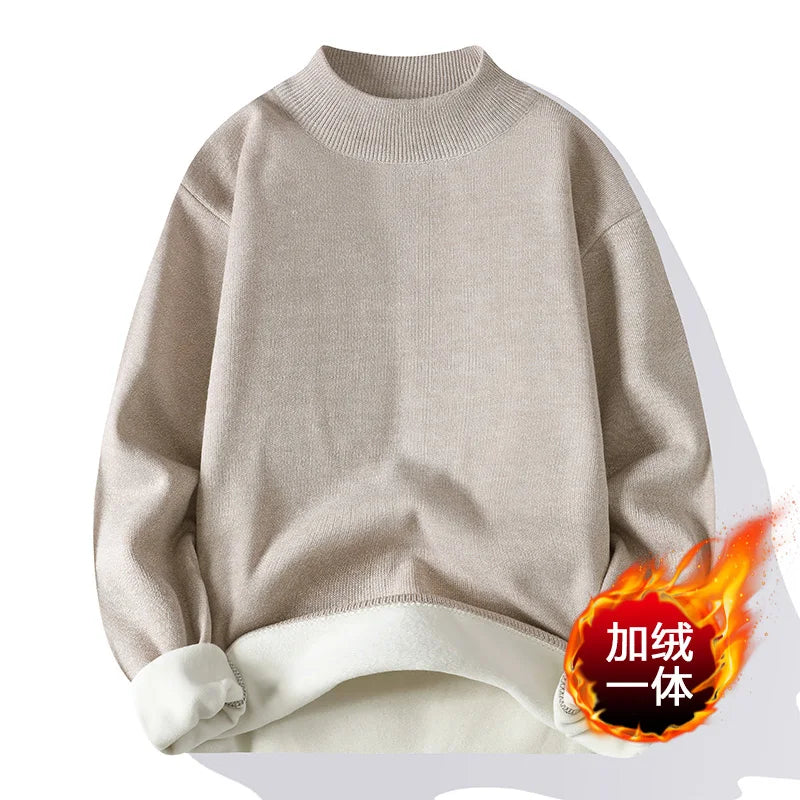 Autumn Winter Sweater Men Fashion Knitted Mock Neck Thick Fleece Inside Men Solid Color Casual Sweater Pullovers Beige