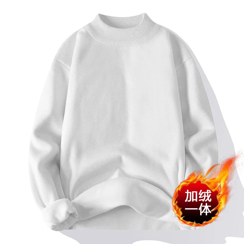 Autumn Winter Sweater Men Fashion Knitted Mock Neck Thick Fleece Inside Men Solid Color Casual Sweater Pullovers