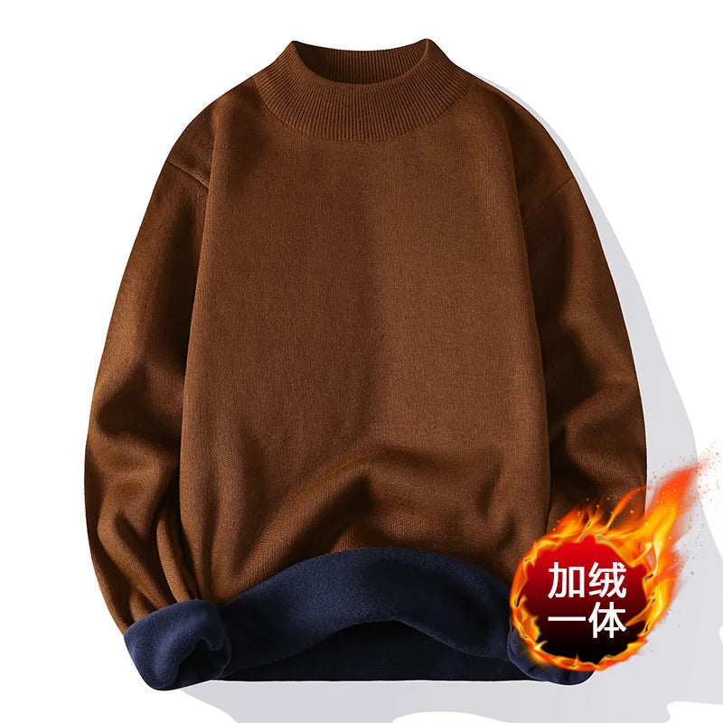 Autumn Winter Sweater Men Fashion Knitted Mock Neck Thick Fleece Inside Men Solid Color Casual Sweater Pullovers