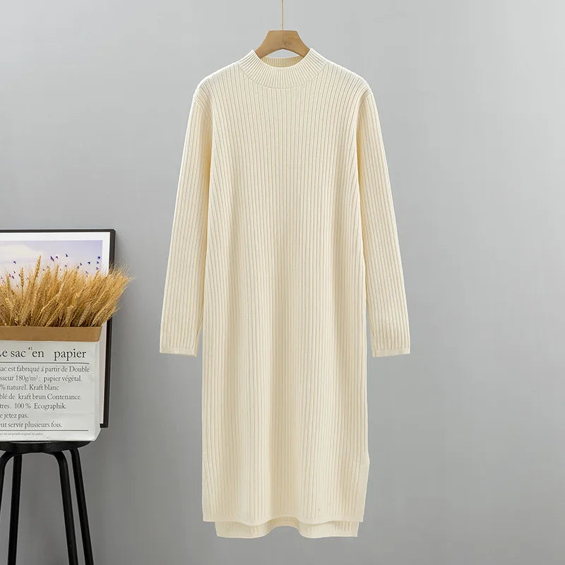 Autumn Winter Thick Women Sweater Dress Fashion Knitted Ribbed Casual Dress Loose Lady Warm Dresses apricot One Size
