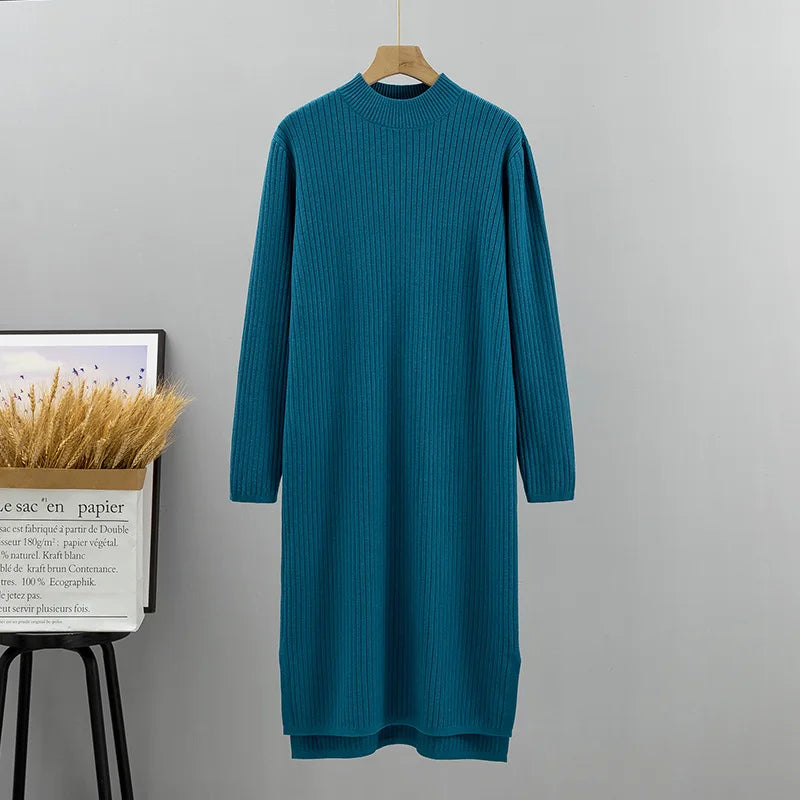 Autumn Winter Thick Women Sweater Dress Fashion Knitted Ribbed Casual Dress Loose Lady Warm Dresses blue One Size