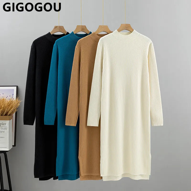 Autumn Winter Thick Women Sweater Dress Fashion Knitted Ribbed Casual Dress Loose Lady Warm Dresses
