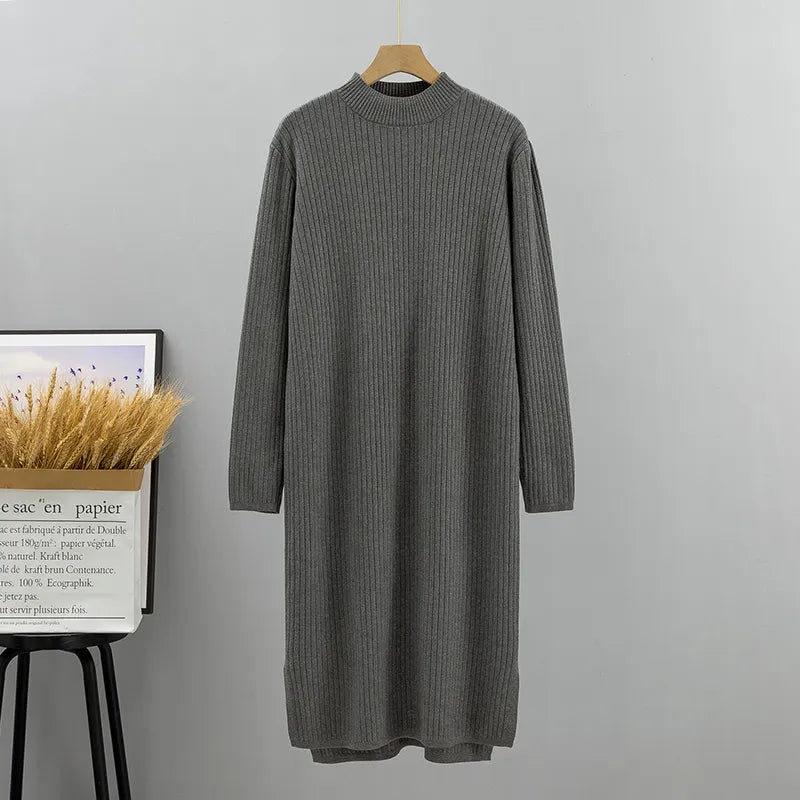 Autumn Winter Thick Women Sweater Dress Fashion Knitted Ribbed Casual Dress Loose Lady Warm Dresses grey One Size