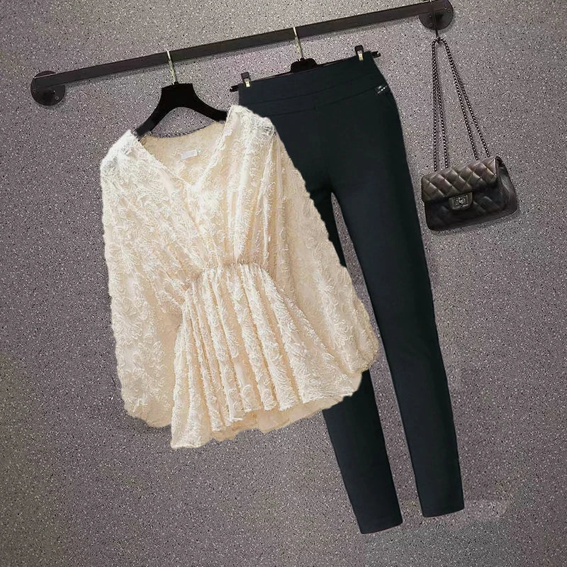 Autumn Winter Two-piece Set ElegantLanternV-neck Elastic Waist Top Shirt Sleeve Flocking And Blouse Ankle-Length Woman Pants Sets-beige