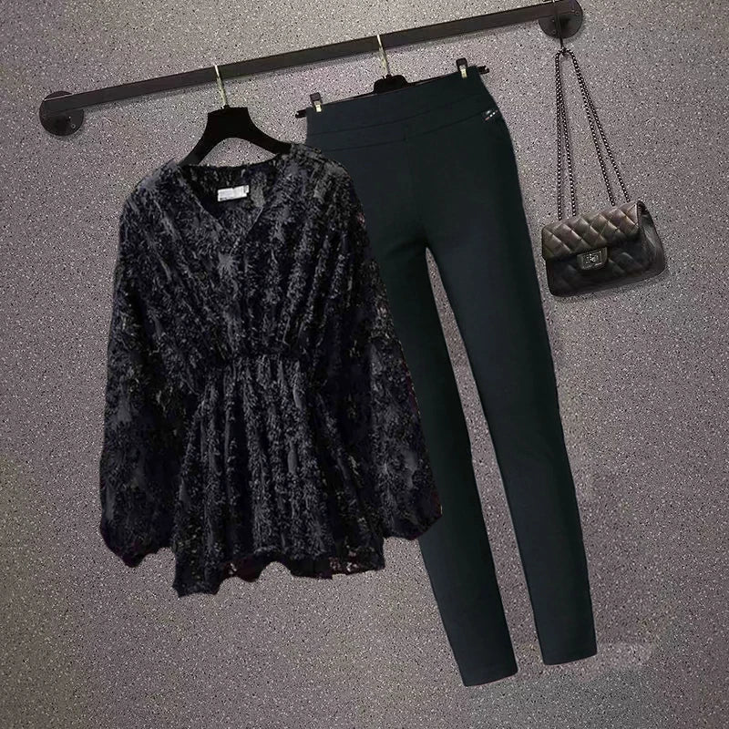 Autumn Winter Two-piece Set ElegantLanternV-neck Elastic Waist Top Shirt Sleeve Flocking And Blouse Ankle-Length Woman Pants Sets-black