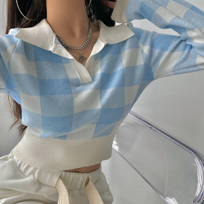 Autumn Winter Vintage Knitwear Crop Tops Women Pullover Sweaters Fashion Female Long Sleeve Elastic Casual Plaid Knitted Shirts blue One Size