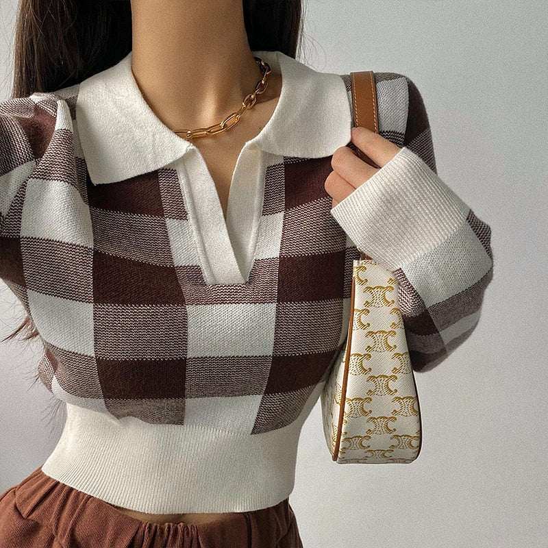 Autumn Winter Vintage Knitwear Crop Tops Women Pullover Sweaters Fashion Female Long Sleeve Elastic Casual Plaid Knitted Shirts AMAIO