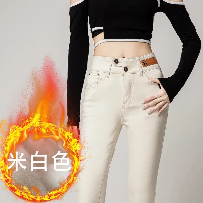 Autumn Winter Warm Women High Waist Stretch Jeans Pants Pencil Streetwear Hip Lift Denim Legging Korean Fashion Skinny Pants White-fleece