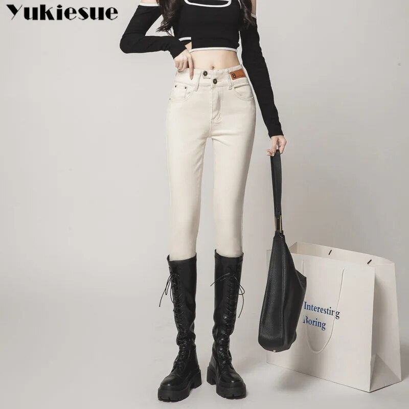 Autumn Winter Warm Women High Waist Stretch Jeans Pants Pencil Streetwear Hip Lift Denim Legging Korean Fashion Skinny Pants AMAIO