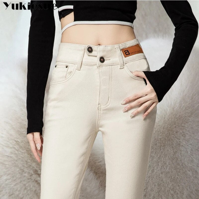 Autumn Winter Warm Women High Waist Stretch Jeans Pants Pencil Streetwear Hip Lift Denim Legging Korean Fashion Skinny Pants