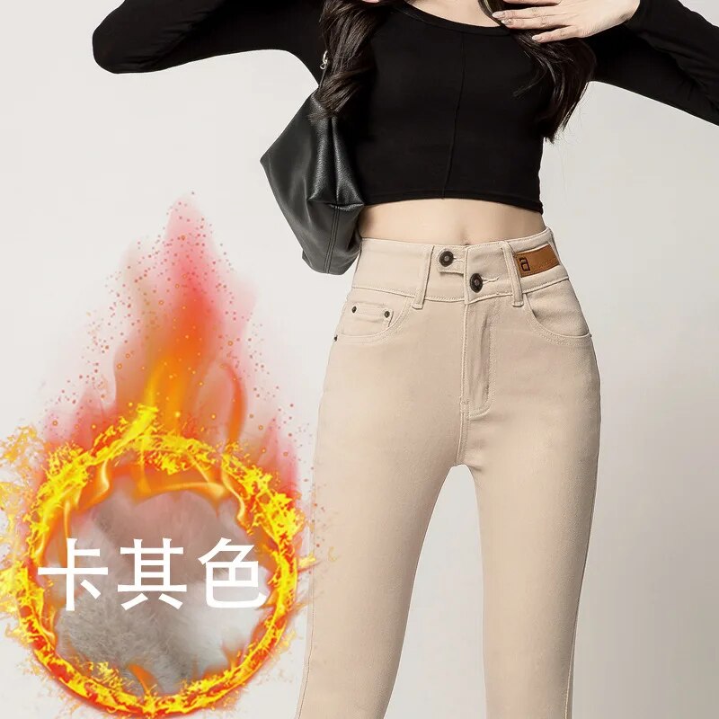 Autumn Winter Warm Women High Waist Stretch Jeans Pants Pencil Streetwear Hip Lift Denim Legging Korean Fashion Skinny Pants Khaki-fleece