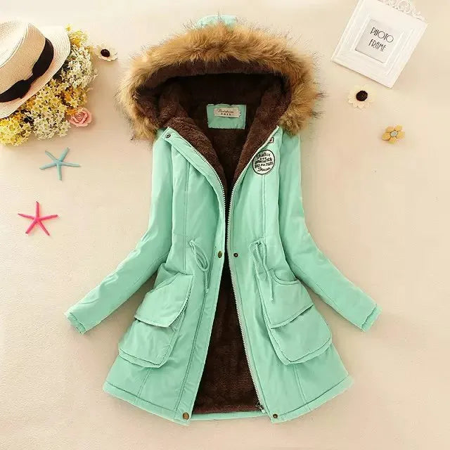 Autumn Winter Women Cotton Jacket Padded Casual Slim Coat Emboridery Hooded Parkas Wadded Warm Overcoat Fashion Parkas Bright Bean Green
