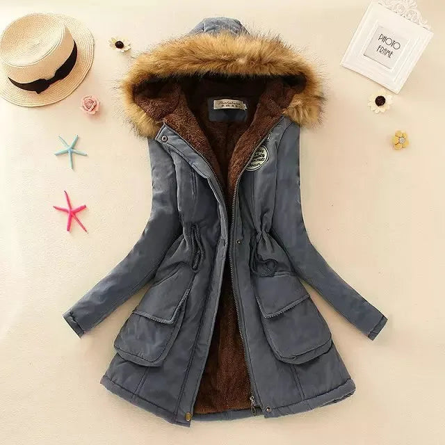 Autumn Winter Women Cotton Jacket Padded Casual Slim Coat Emboridery Hooded Parkas Wadded Warm Overcoat Fashion Parkas Denim Blue