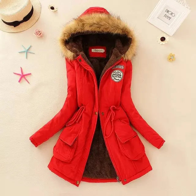 Autumn Winter Women Cotton Jacket Padded Casual Slim Coat Emboridery Hooded Parkas Wadded Warm Overcoat Fashion Parkas red