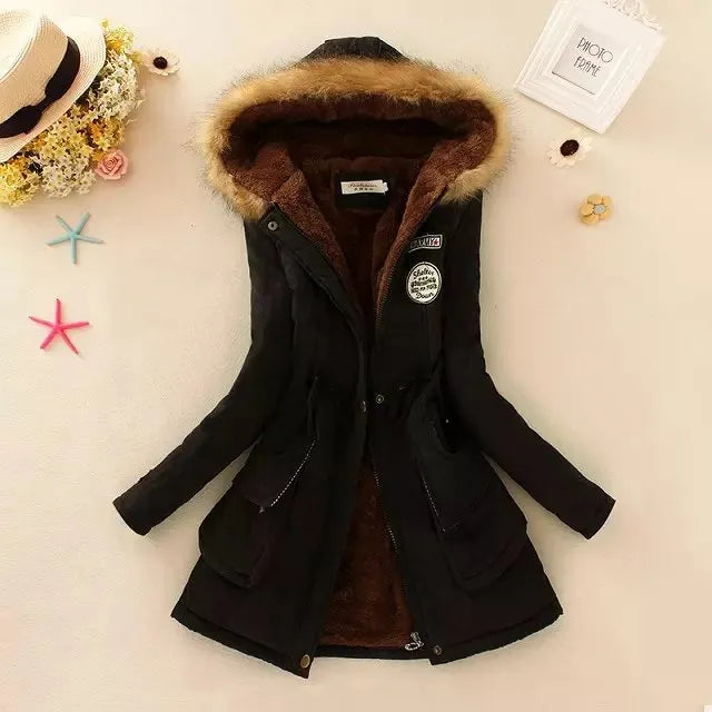 Autumn Winter Women Cotton Jacket Padded Casual Slim Coat Emboridery Hooded Parkas Wadded Warm Overcoat Fashion Parkas Black