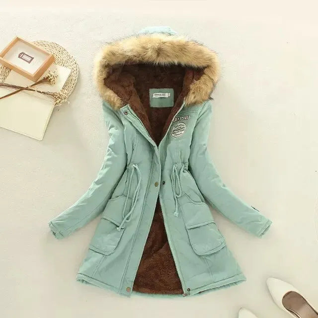 Autumn Winter Women Cotton Jacket Padded Casual Slim Coat Emboridery Hooded Parkas Wadded Warm Overcoat Fashion Parkas Deep Bean Green