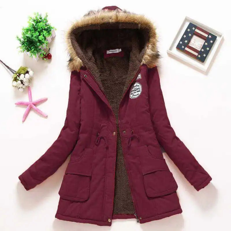 Autumn Winter Women Cotton Jacket Padded Casual Slim Coat Emboridery Hooded Parkas Wadded Warm Overcoat Fashion Parkas Wine Red