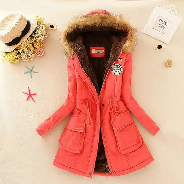 Autumn Winter Women Cotton Jacket Padded Casual Slim Coat Emboridery Hooded Parkas Wadded Warm Overcoat Fashion Parkas Watermelon Red