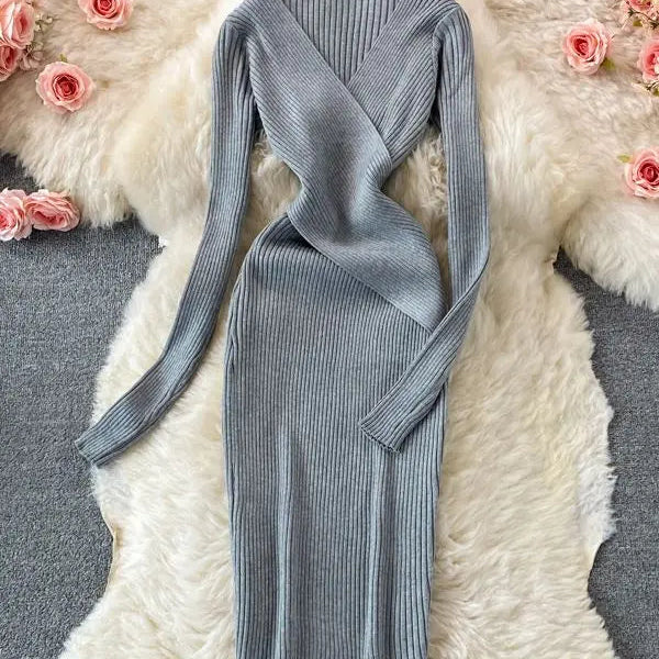Autumn Winter Women Dress Elegant Cross V-neck Slim Waist Knitted Bodycon Dress Korean Office Lady Vestidos GRAY One Size