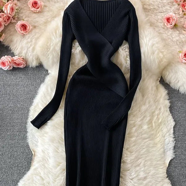 Autumn Winter Women Dress Elegant Cross V-neck Slim Waist Knitted Bodycon Dress Korean Office Lady Vestidos black One Size