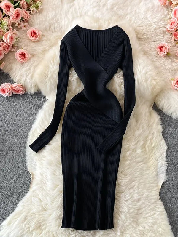 Autumn Winter Women Dress Elegant Cross V-neck Slim Waist Knitted Bodycon Dress Korean Office Lady Vestidos black One Size