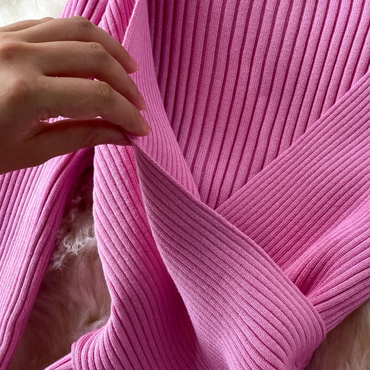 Autumn Winter Women Dress Elegant Cross V-neck Slim Waist Knitted Bodycon Dress Korean Office Lady Vestidos