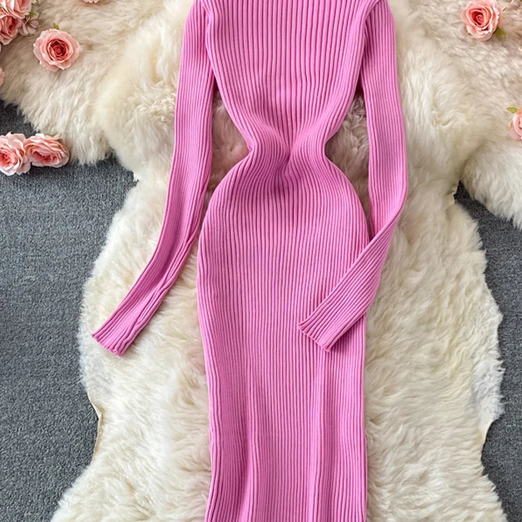 Autumn Winter Women Dress Elegant Cross V-neck Slim Waist Knitted Bodycon Dress Korean Office Lady Vestidos