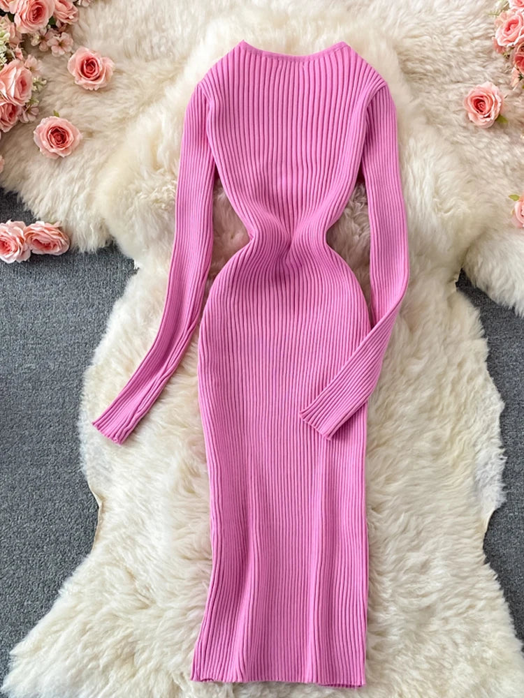 Autumn Winter Women Dress Elegant Cross V-neck Slim Waist Knitted Bodycon Dress Korean Office Lady Vestidos