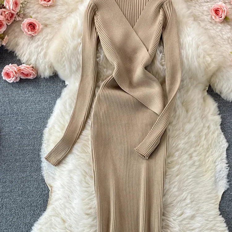 Autumn Winter Women Dress Elegant Cross V-neck Slim Waist Knitted Bodycon Dress Korean Office Lady Vestidos