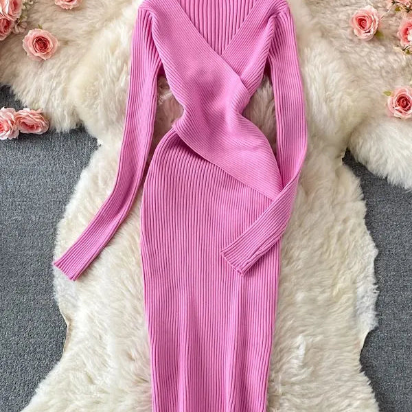 Autumn Winter Women Dress Elegant Cross V-neck Slim Waist Knitted Bodycon Dress Korean Office Lady Vestidos Rose Red One Size