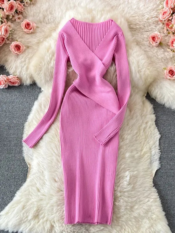Autumn Winter Women Dress Elegant Cross V-neck Slim Waist Knitted Bodycon Dress Korean Office Lady Vestidos Rose Red One Size