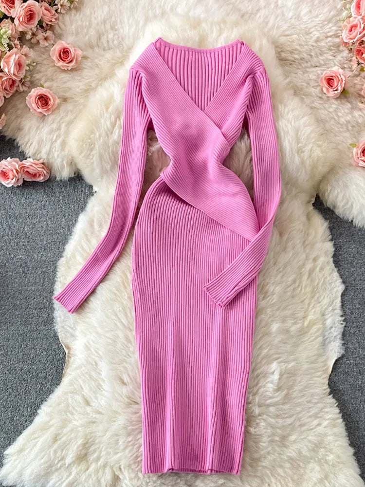 Autumn Winter Women Dress Elegant Cross V-neck Slim Waist Knitted Bodycon Dress Korean Office Lady Vestidos