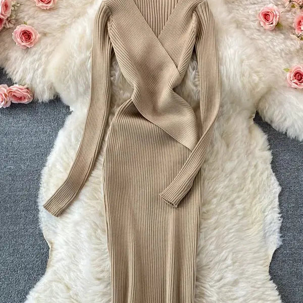 Autumn Winter Women Dress Elegant Cross V-neck Slim Waist Knitted Bodycon Dress Korean Office Lady Vestidos Khaki One Size