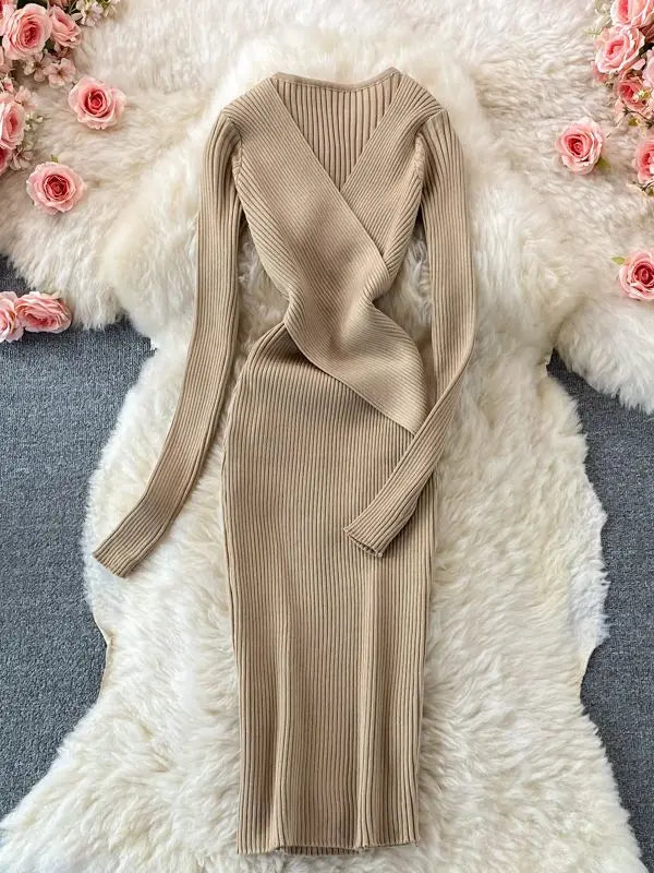 Autumn Winter Women Dress Elegant Cross V-neck Slim Waist Knitted Bodycon Dress Korean Office Lady Vestidos Khaki One Size
