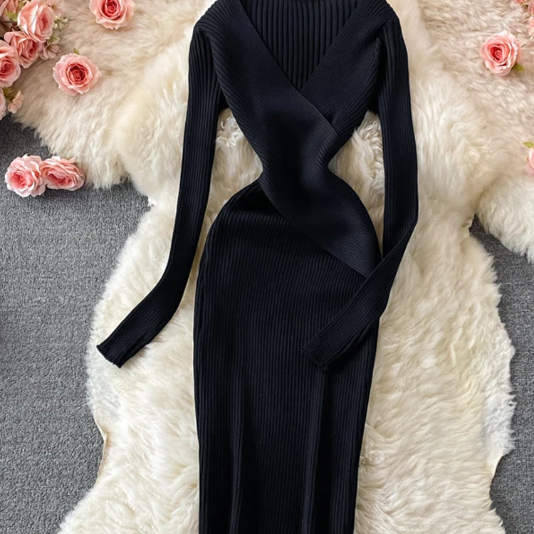 Autumn Winter Women Dress Elegant Cross V-neck Slim Waist Knitted Bodycon Dress Korean Office Lady Vestidos