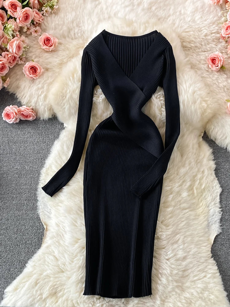 Autumn Winter Women Dress Elegant Cross V-neck Slim Waist Knitted Bodycon Dress Korean Office Lady Vestidos