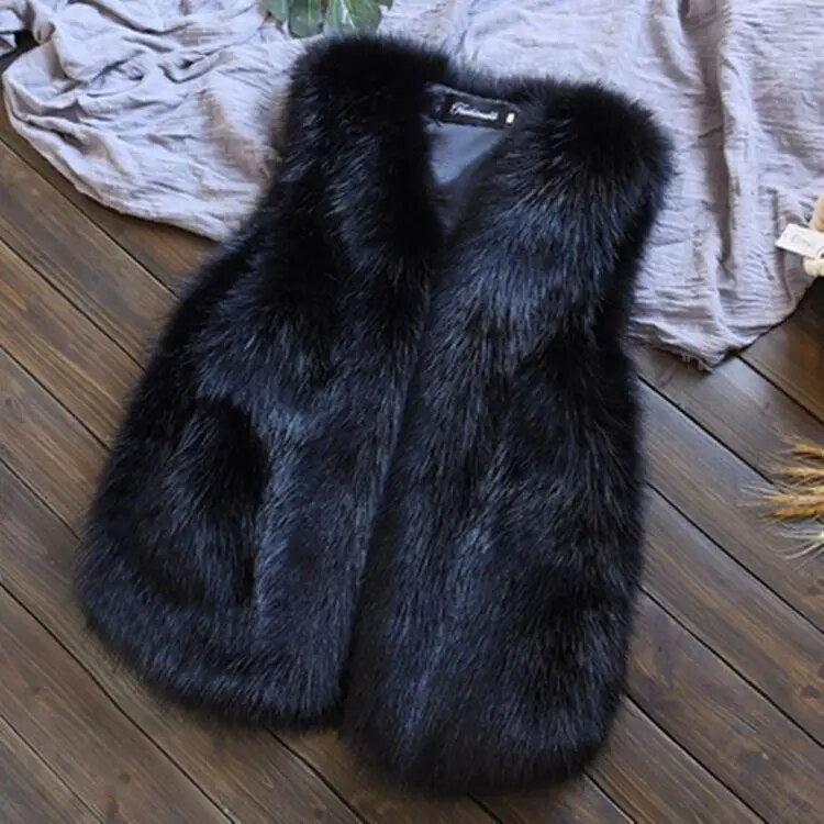 Autumn Winter Women Faux Fox Fur Vests Coats Sleeveless Fur Jackets Black