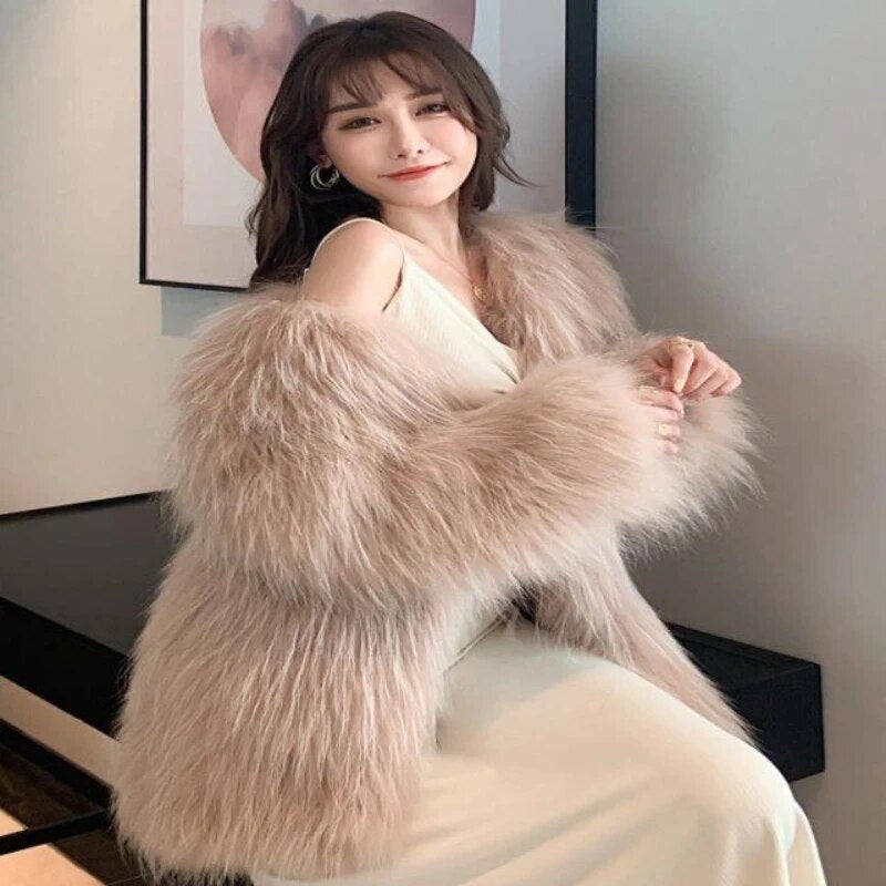 Autumn Winter Women Faux Fur Long Sleeve Coats Mid-length Knitted Fur Jackets Fashion Streetwear for Girls