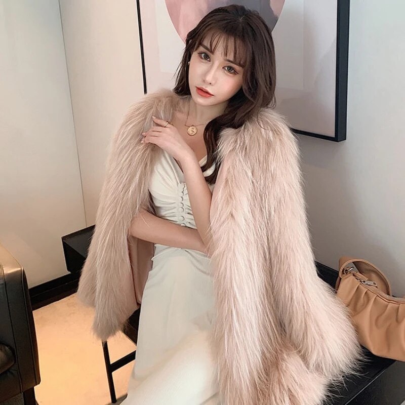 Autumn Winter Women Faux Fur Long Sleeve Coats Mid-length Knitted Fur Jackets Fashion Streetwear for Girls AMAIO