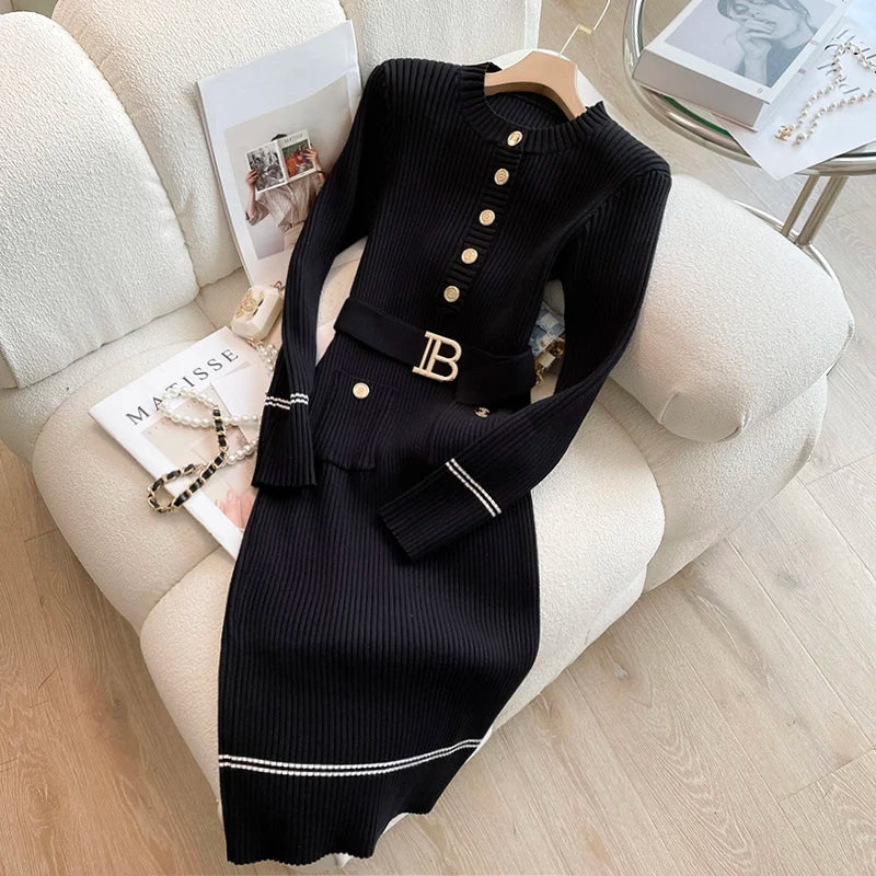 Autumn Winter Women Knitted Dress Brand Fashion O-neck Buttons Bodycon Sweater Dress with Belt Lady Office Dress black One Size