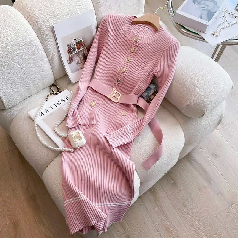 Autumn Winter Women Knitted Dress Brand Fashion O-neck Buttons Bodycon Sweater Dress with Belt Lady Office Dress Pink One Size