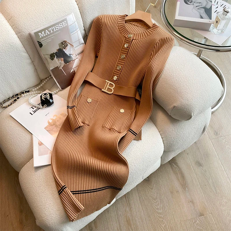 Autumn Winter Women Knitted Dress Brand Fashion O-neck Buttons Bodycon Sweater Dress with Belt Lady Office Dress Khaki One Size